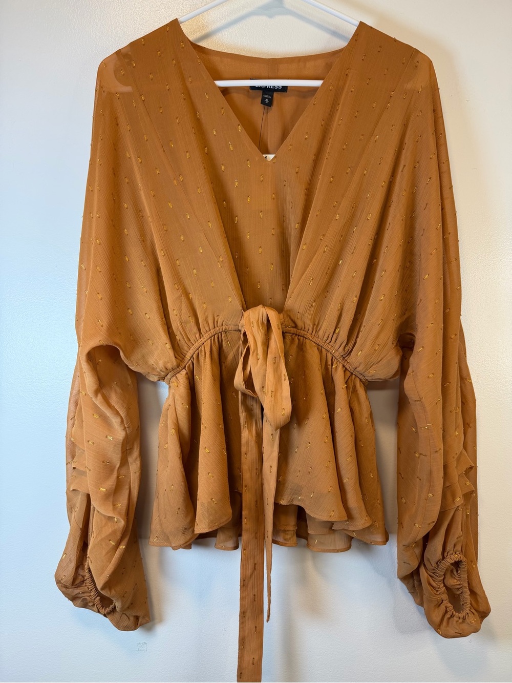 Express Burnt Orange Tie-Front Peplum Blouse with Balloon Sleeves Women’s Medium